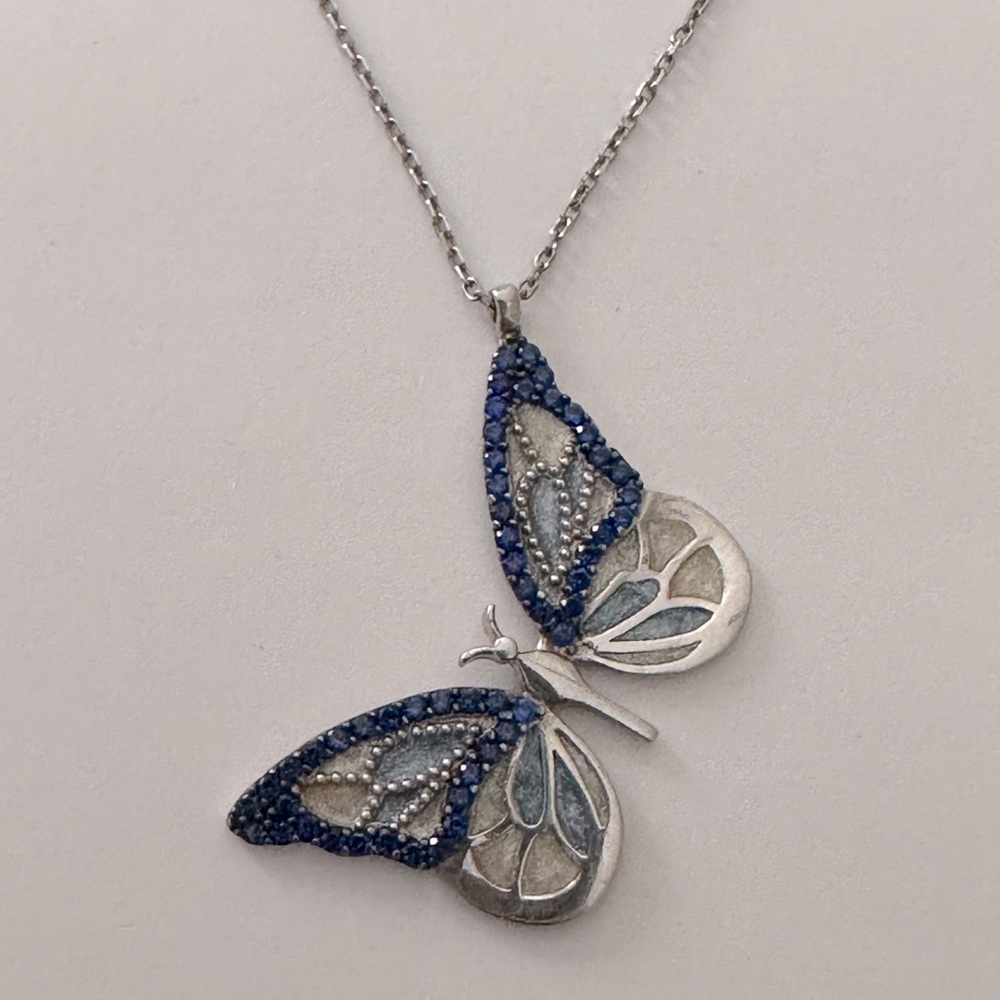 925 Silver butterfly necklace blue cz stones and blue white handmade enamel